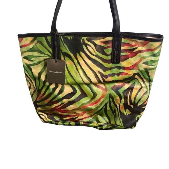 Tommy Bahama Jungle Print Leather Trimmed Tote Bag Roomy Colorful Safari Durable